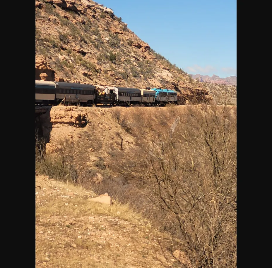 Verde Canyon Railroad train winding through Arizona canyon